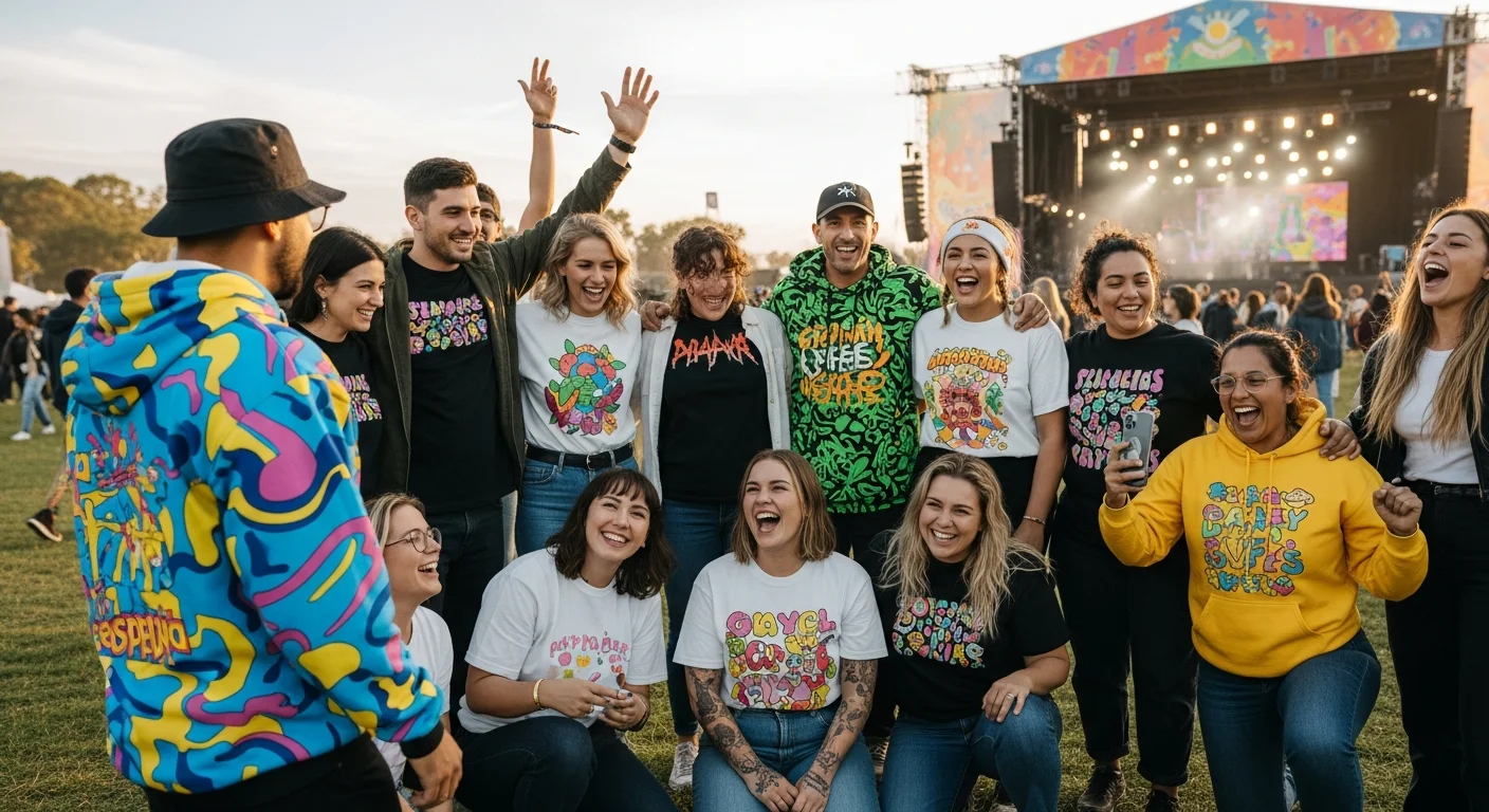 Happy customers wearing custom merchandise at a festival